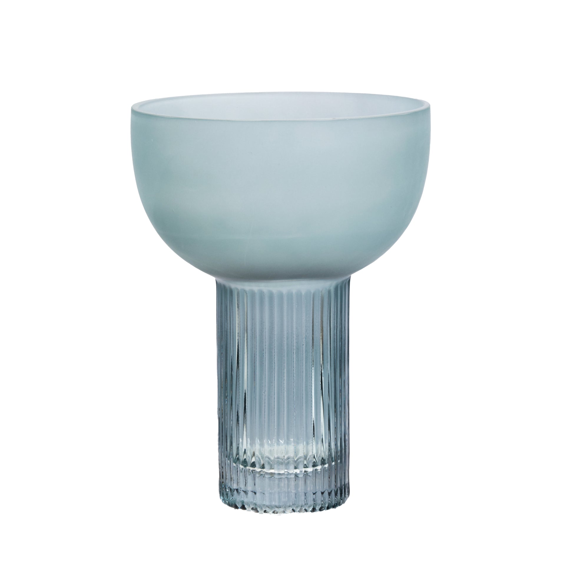 Blue glass vase with ribbed design on a white background