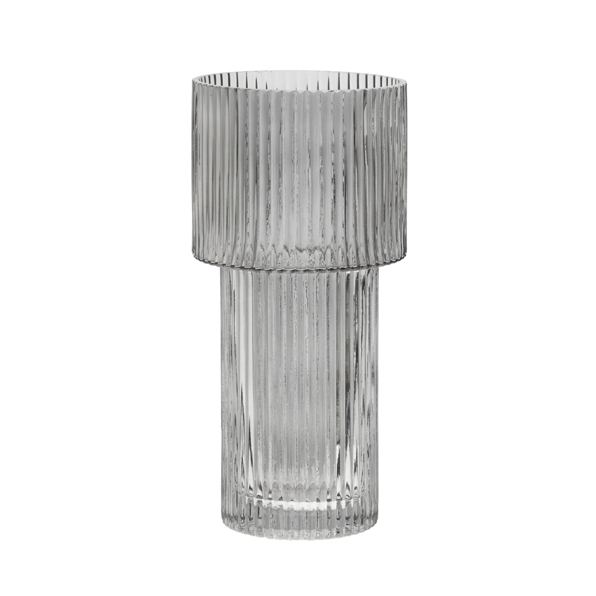 Clear glass vase with ribbed texture on a white background