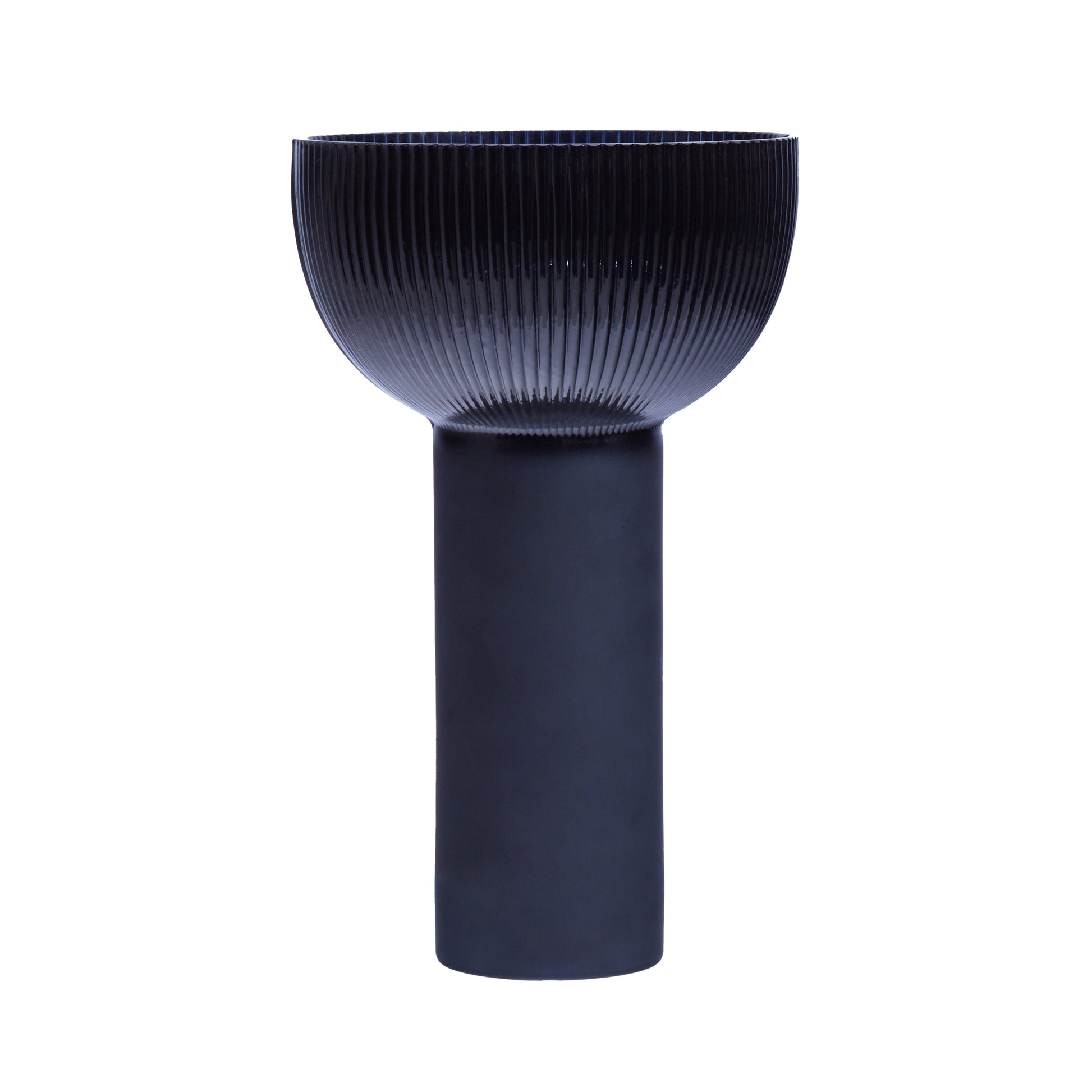 Blue vase with a textured bowl and cylindrical base on a white background