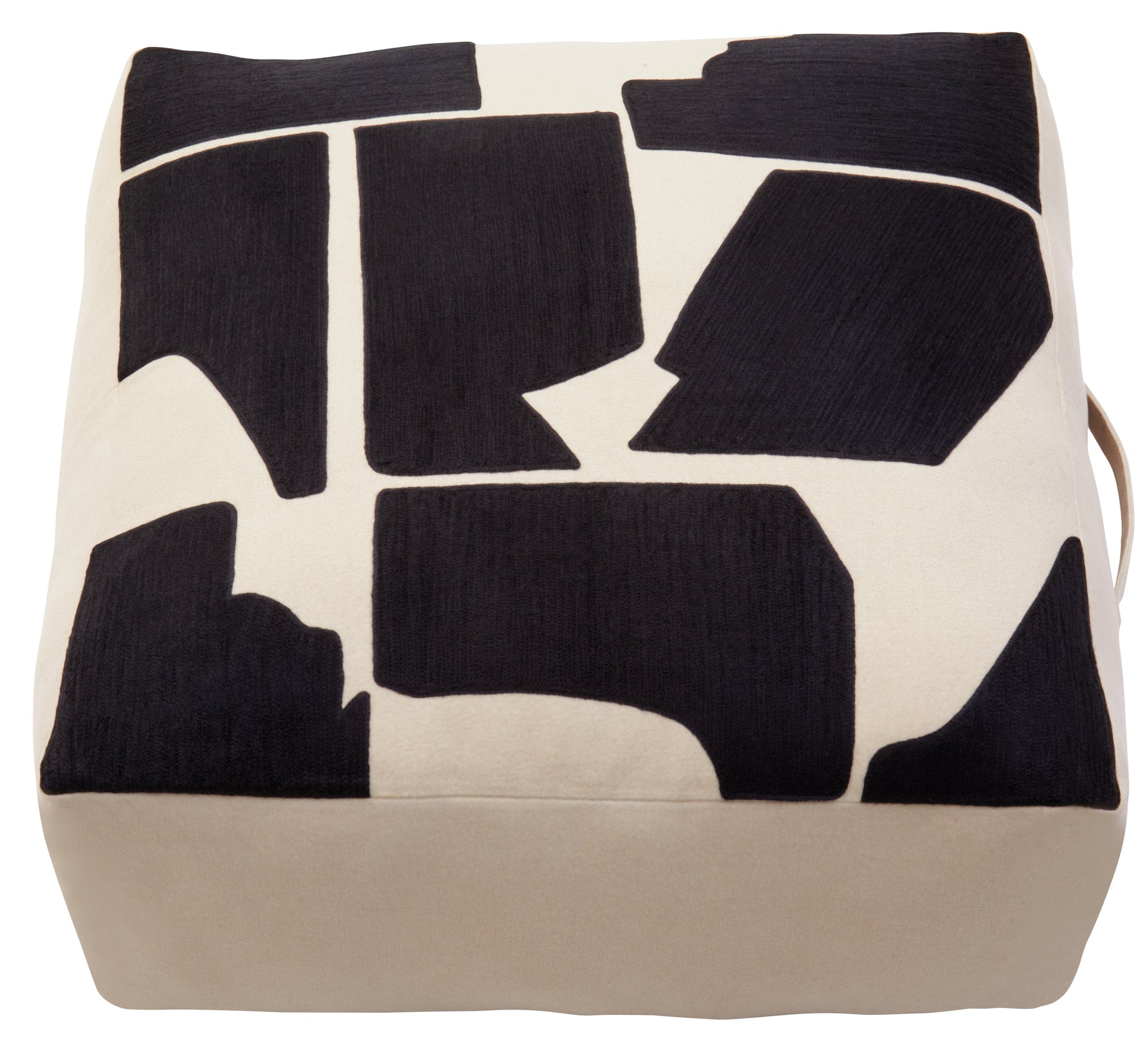 Square ottoman with black abstract pattern on a white background