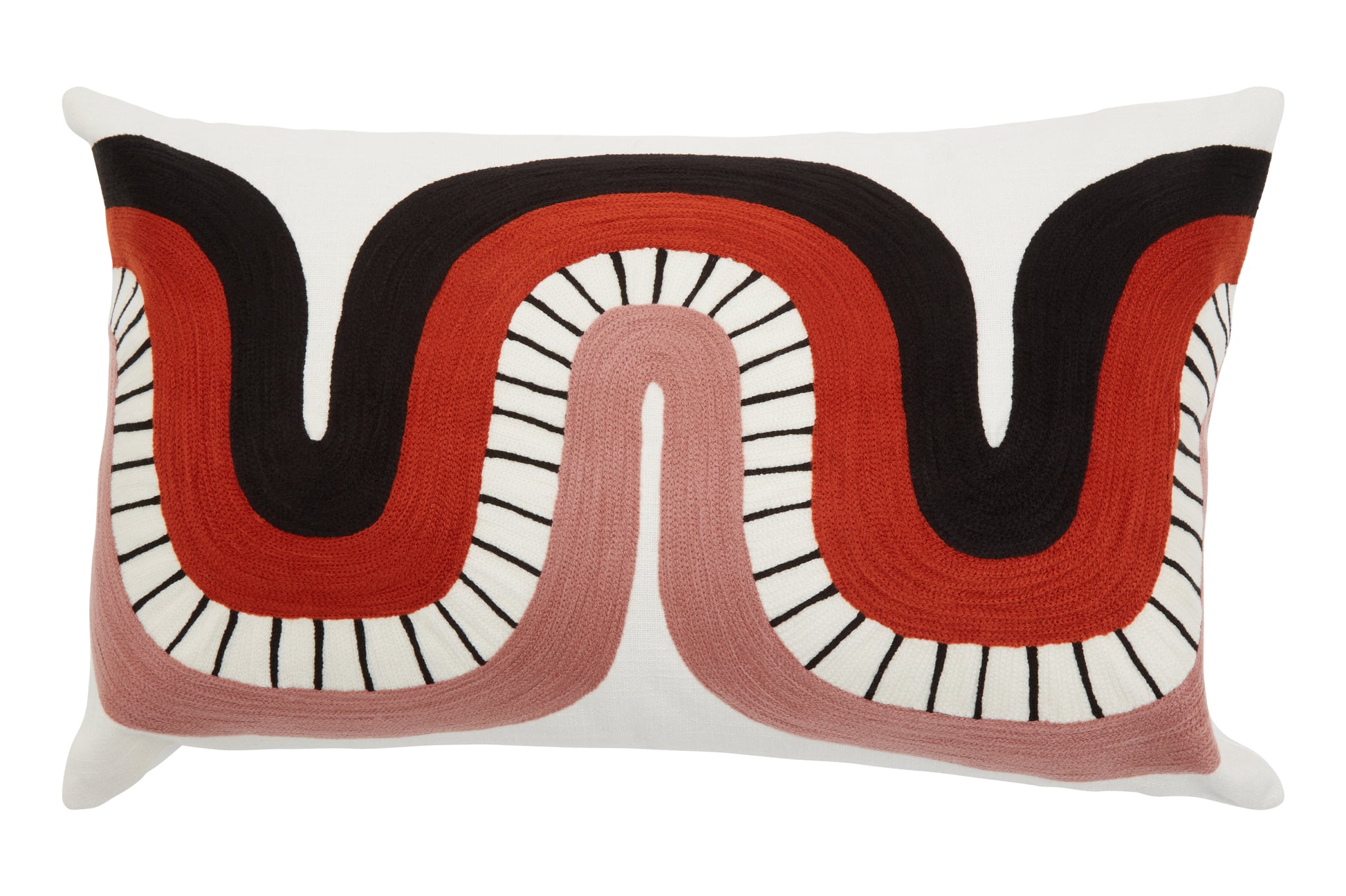 Decorative pillow with a wavy pattern in red, black, and white on a white background