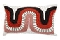 Decorative pillow with a wavy pattern in red, black, and white on a white background
