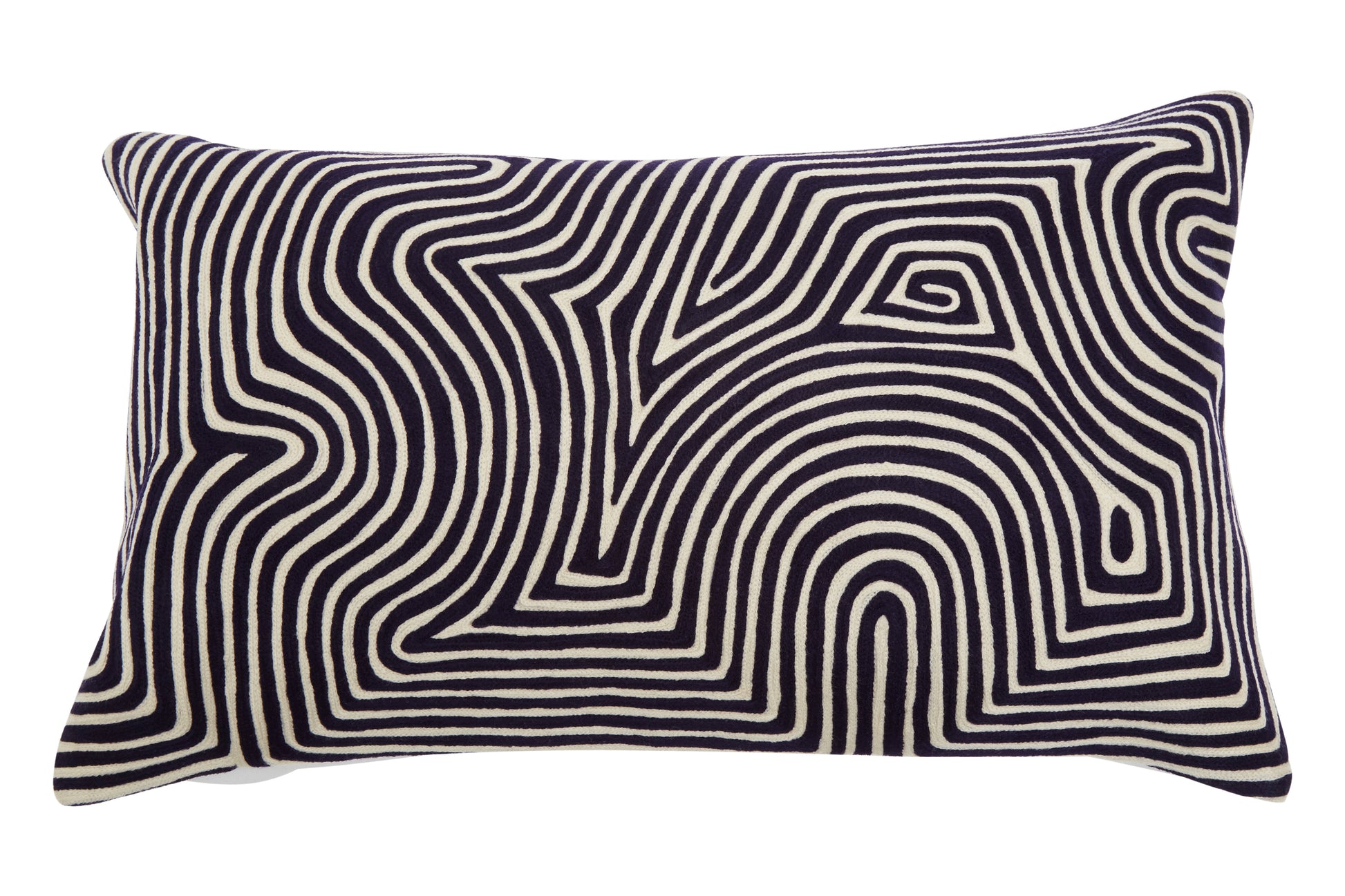 Decorative pillow with black and white wavy pattern on a white background