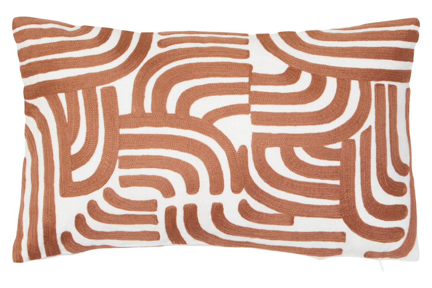 Decorative pillow with brown and white abstract pattern on a white background