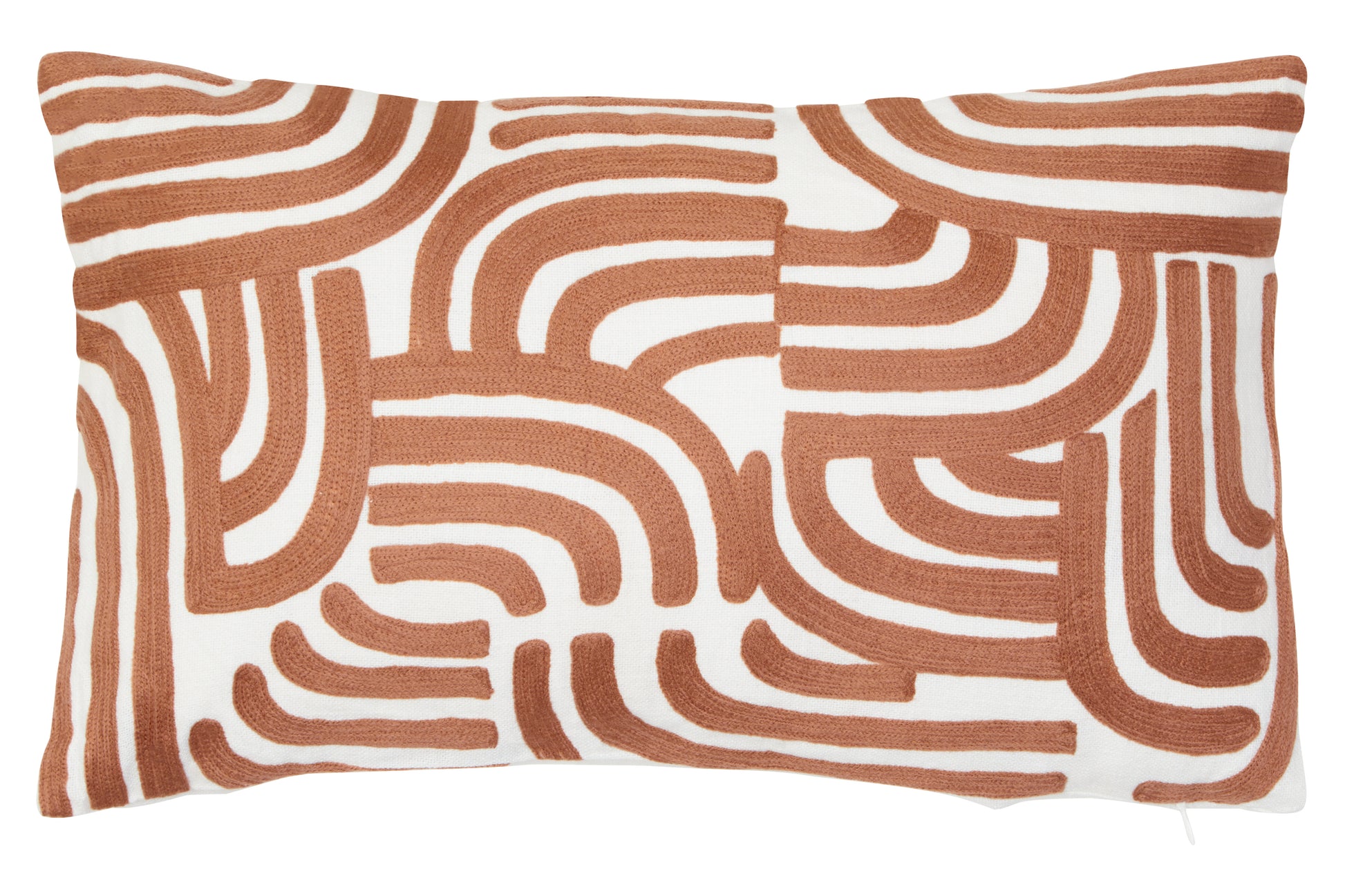 Decorative pillow with brown and white abstract pattern on a white background