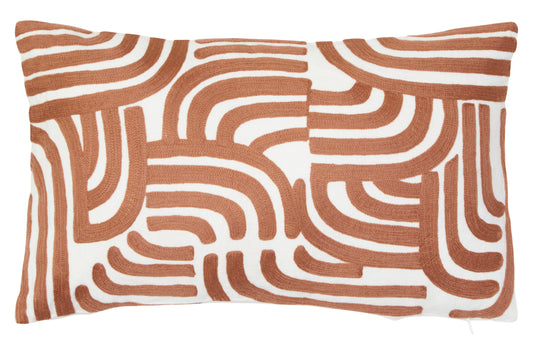 Decorative pillow with brown and white abstract pattern on a white background
