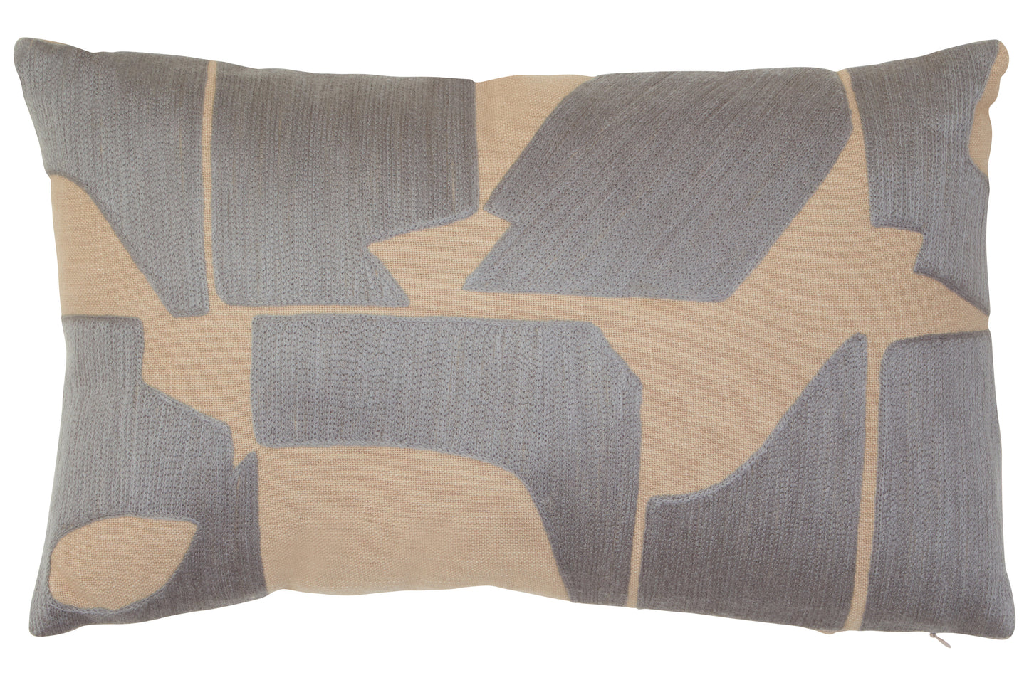 Decorative pillow with geometric pattern in gray and beige on a plain background