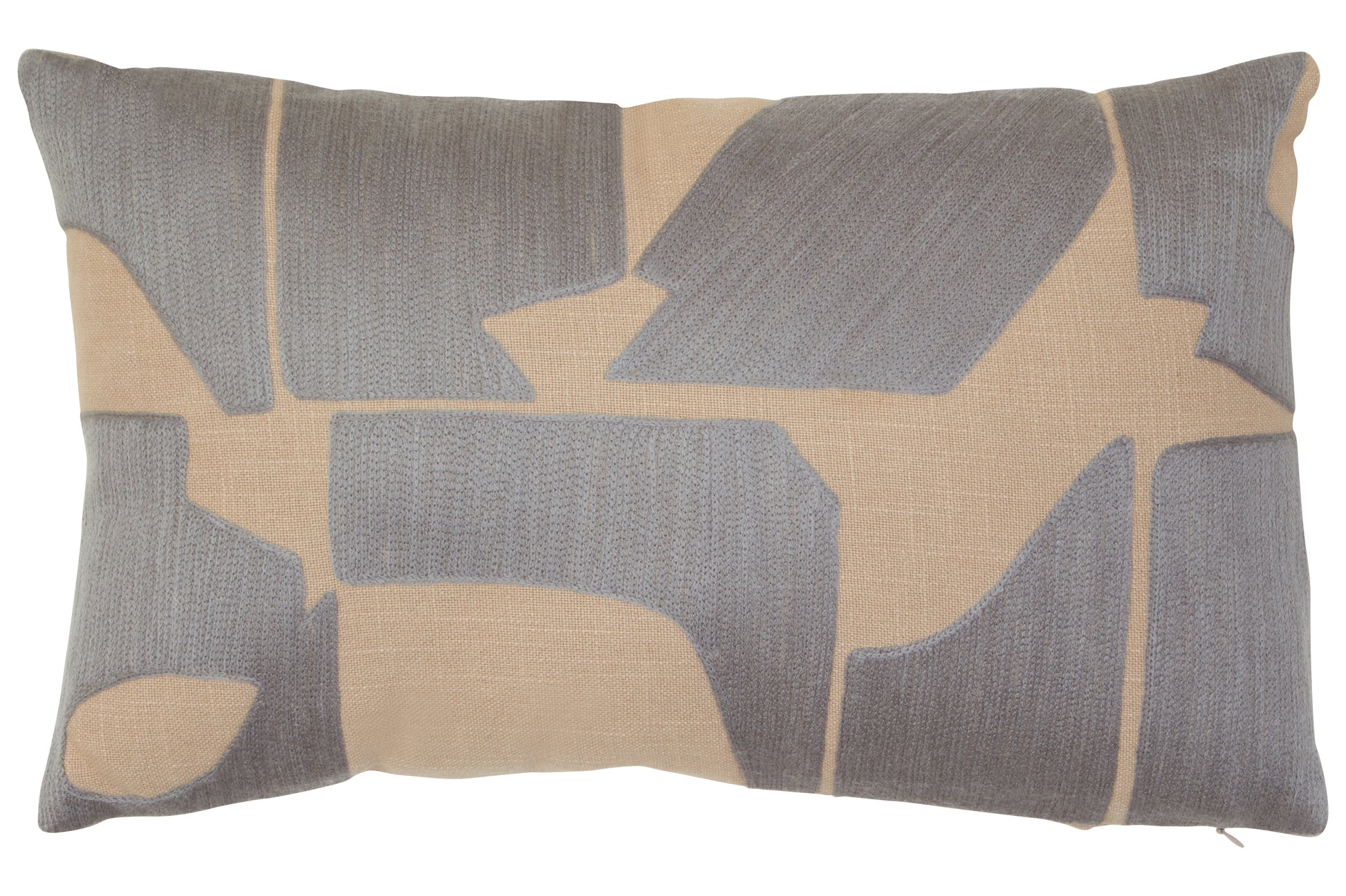 Decorative pillow with geometric pattern in gray and beige on a plain background