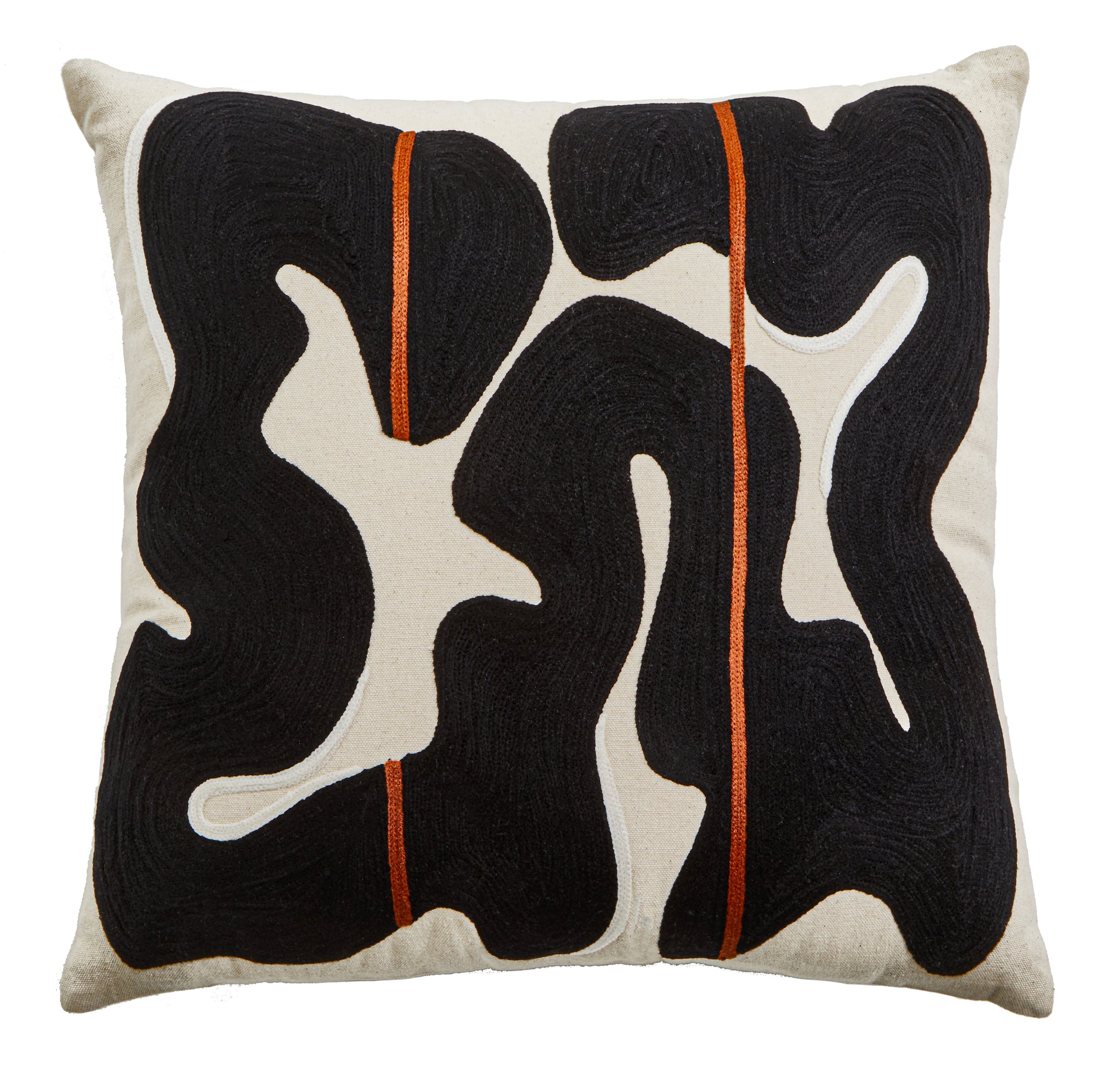 Decorative pillow with black abstract pattern on a beige background