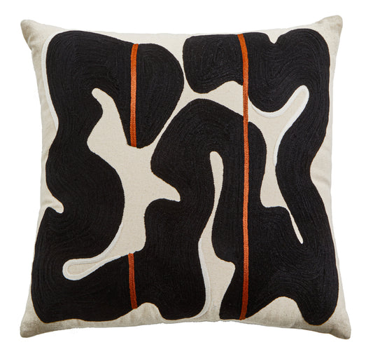Decorative pillow with black abstract pattern on a beige background