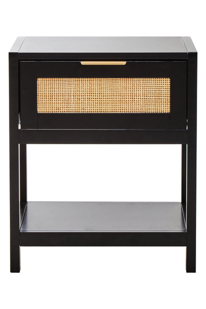 ORLA BLACK WOOD AND NATURAL RATTAN ONE DRAWER BEDSIDE TABLE